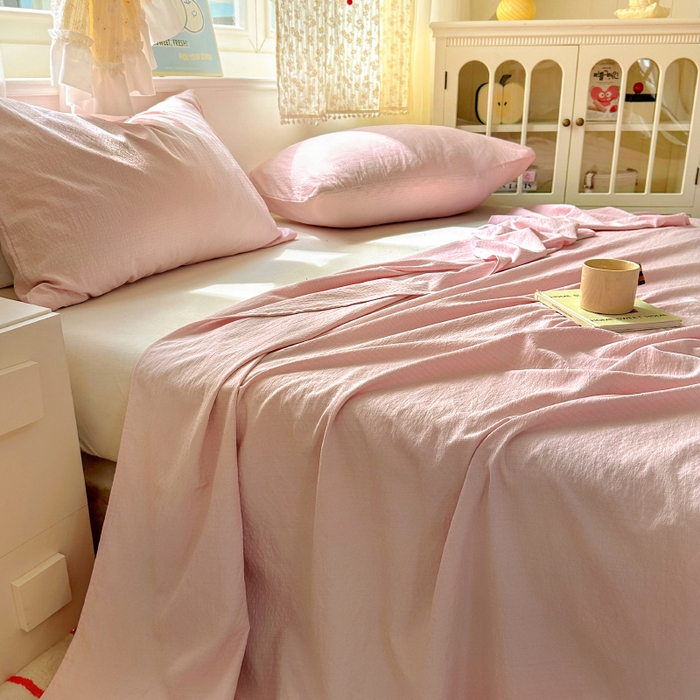 91家纺网 家纺一手货源 找家纺 花伞家居 2025新款A类高克重云感木棉双层纱单床单（提供买家秀） 粉豆沙