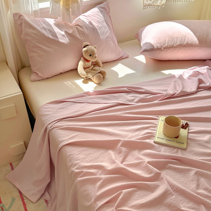 91家纺网 家纺一手货源 找家纺 花伞家居 2025新款A类高克重云感木棉双层纱单床单（提供买家秀） 粉豆沙