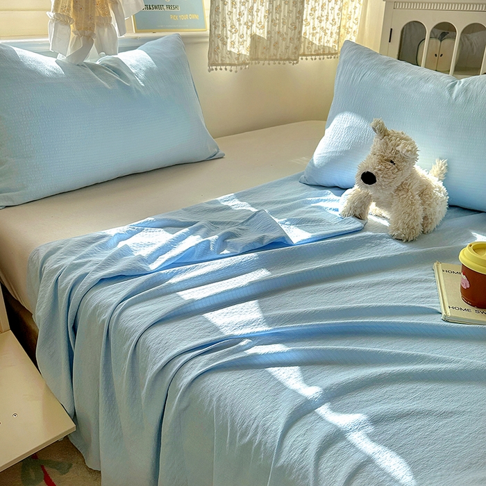 91家纺网 家纺一手货源 找家纺 花伞家居 2025新款A类高克重云感木棉双层纱单床单（提供买家秀） 涧石蓝