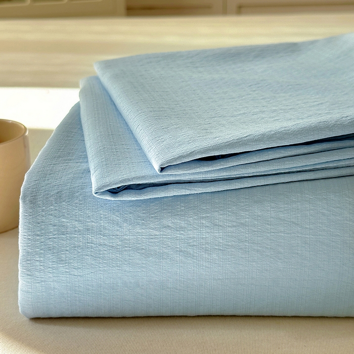 91家纺网 家纺一手货源 找家纺 花伞家居 2025新款A类高克重云感木棉双层纱单床单（提供买家秀） 涧石蓝