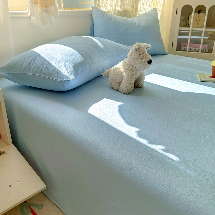 91家纺网 家纺一手货源 找家纺 花伞家居 2025新款A类高克重云感木棉双层纱单床单（提供买家秀） 涧石蓝