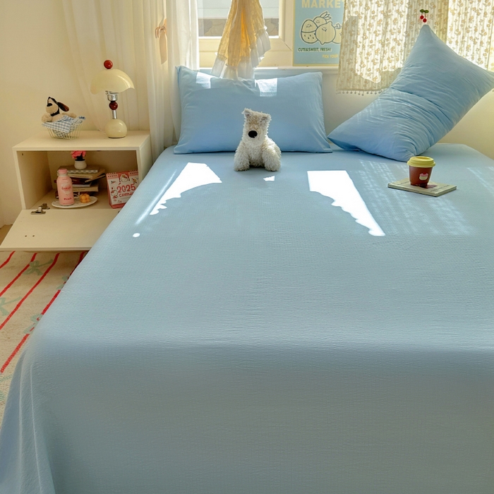 91家纺网 家纺一手货源 找家纺 花伞家居 2025新款A类高克重云感木棉双层纱单床单（提供买家秀） 涧石蓝