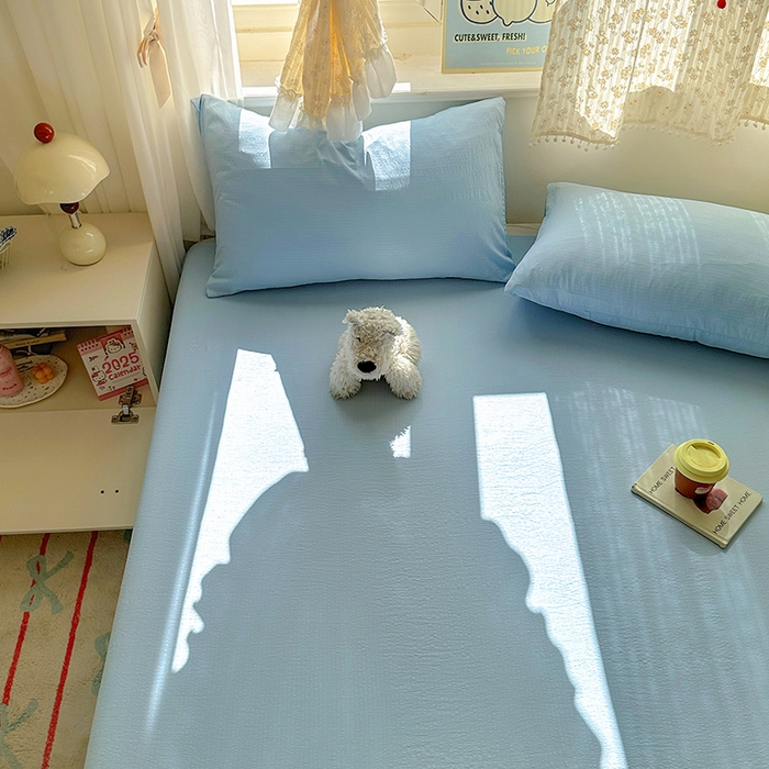 91家纺网 家纺一手货源 找家纺 花伞家居 2025新款A类高克重云感木棉双层纱单床单（提供买家秀） 涧石蓝