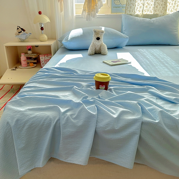 91家纺网 家纺一手货源 找家纺 花伞家居 2025新款A类高克重云感木棉双层纱单床单（提供买家秀） 涧石蓝