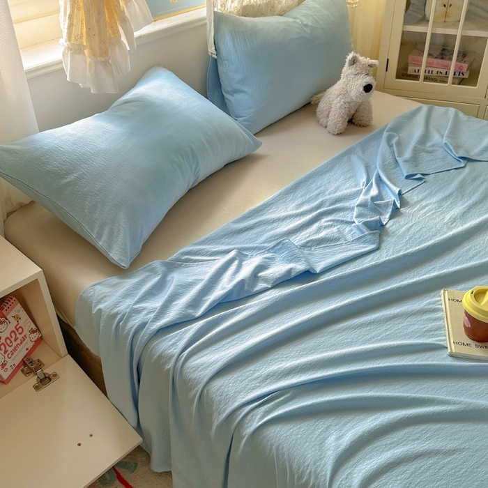91家纺网 家纺一手货源 找家纺 花伞家居 2025新款A类高克重云感木棉双层纱单床单（提供买家秀） 涧石蓝