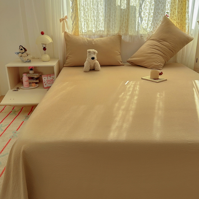 91家纺网 家纺一手货源 找家纺 花伞家居 2025新款A类高克重云感木棉双层纱单床单（提供买家秀） 卡其