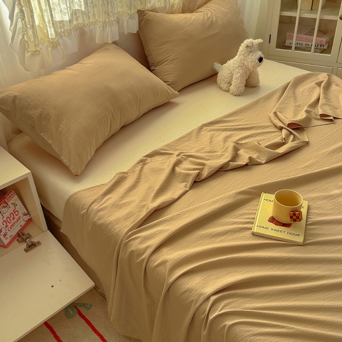 91家纺网 家纺一手货源 找家纺 花伞家居 2025新款A类高克重云感木棉双层纱单床单（提供买家秀） 卡其
