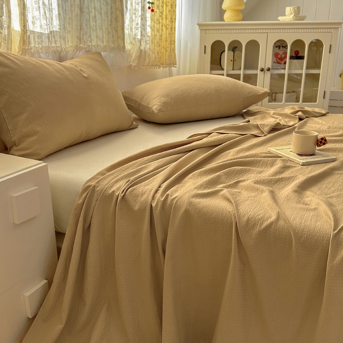 91家纺网 家纺一手货源 找家纺 花伞家居 2025新款A类高克重云感木棉双层纱单床单（提供买家秀） 卡其