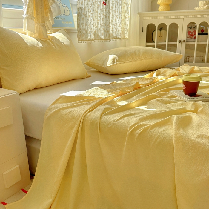 91家纺网 家纺一手货源 找家纺 花伞家居 2025新款A类高克重云感木棉双层纱单床单（提供买家秀） 茉莉黄