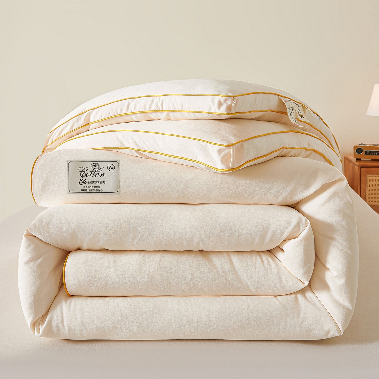 91家纺网 家纺一手货源 找家纺 仁凯家纺 2025新款简约立体滚边100%新疆棉花被冬被春秋被学生被被子被芯 立体-米白色