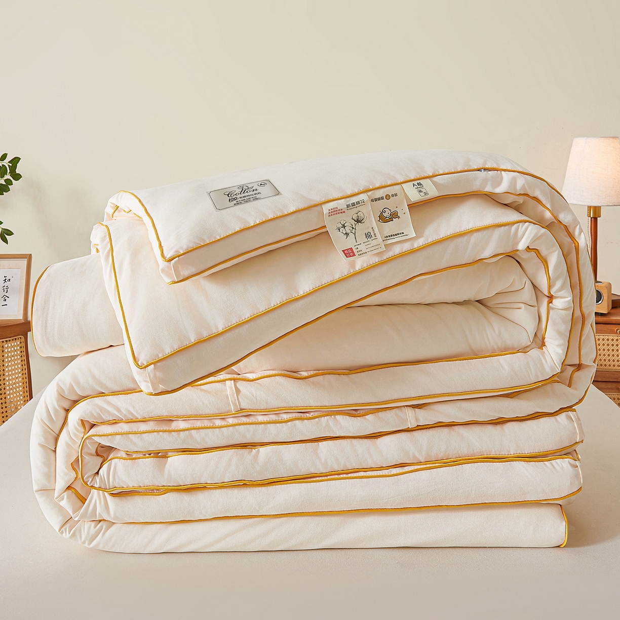 91家纺网 家纺一手货源 找家纺 仁凯家纺 2025新款简约立体滚边100%新疆棉花被冬被春秋被学生被被子被芯 立体-米白色