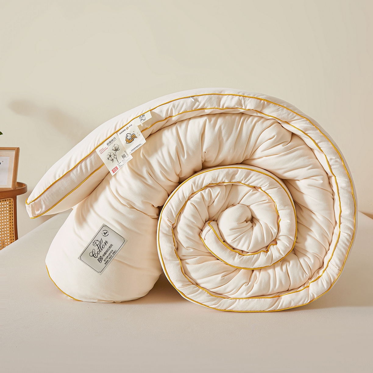 91家纺网 家纺一手货源 找家纺 仁凯家纺 2025新款简约立体滚边100%新疆棉花被冬被春秋被学生被被子被芯 立体-米白色