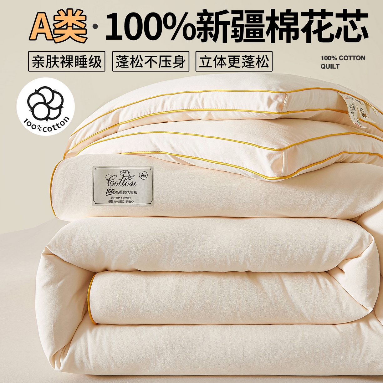 仁凯家纺 2025新款简约立体滚边100%新疆棉花被冬被春秋被学生被被子被芯 立体-米白色