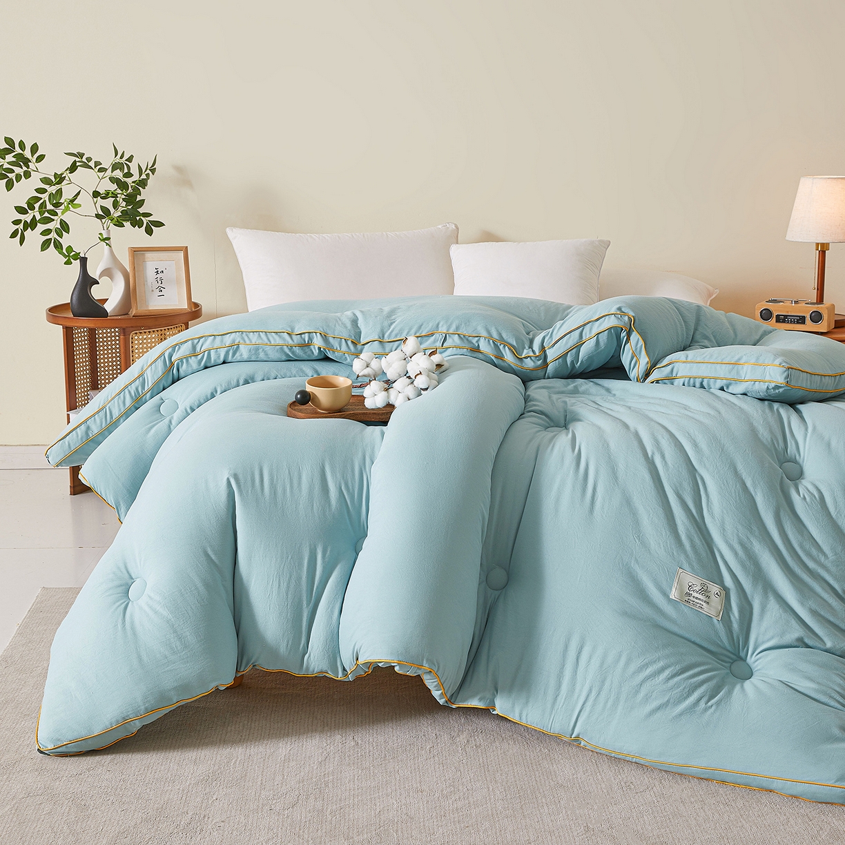 91家纺网 家纺一手货源 找家纺 仁凯家纺 2025新款简约立体滚边100%新疆棉花被冬被春秋被学生被被子被芯 立体-青绿色