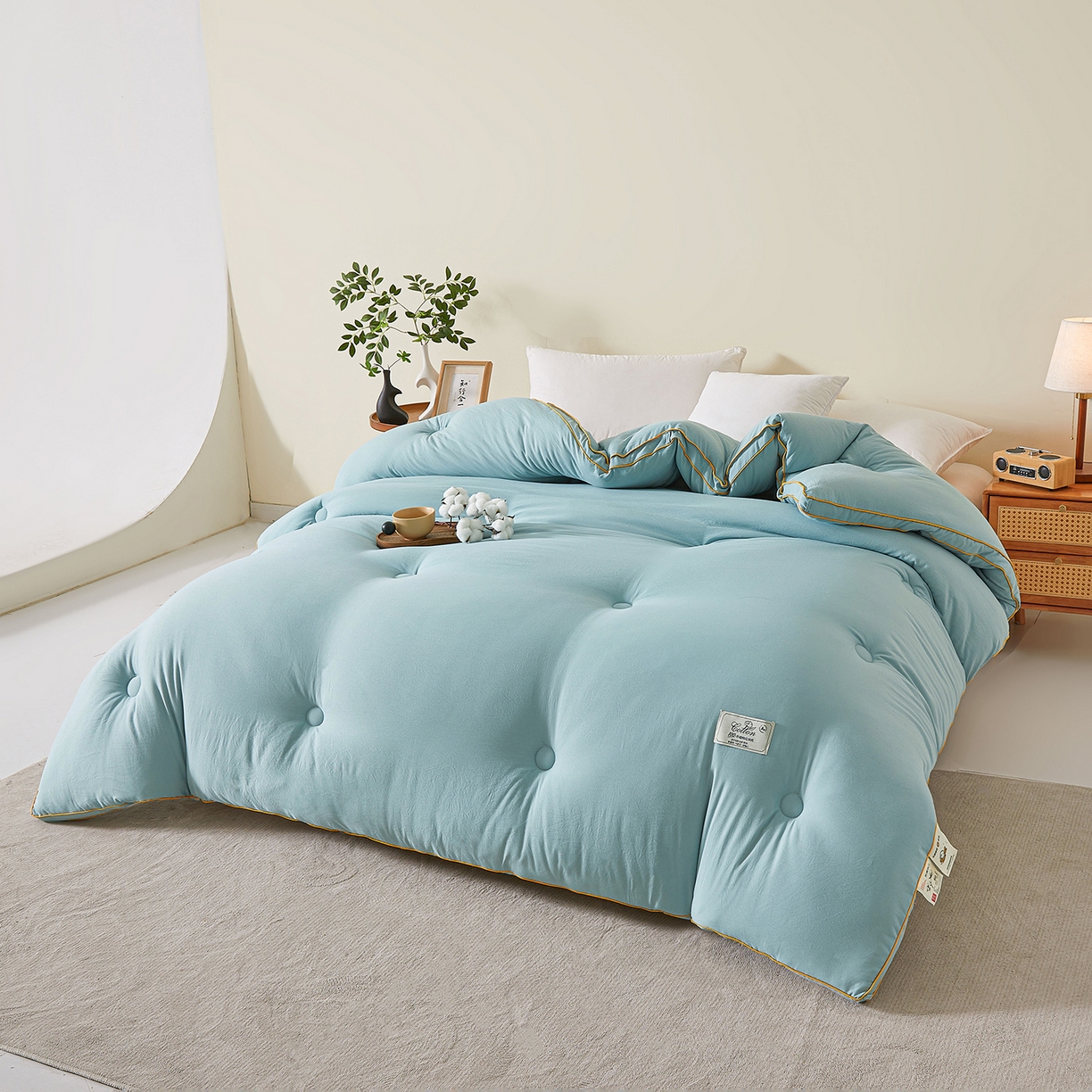 91家纺网 家纺一手货源 找家纺 仁凯家纺 2025新款简约立体滚边100%新疆棉花被冬被春秋被学生被被子被芯 立体-青绿色