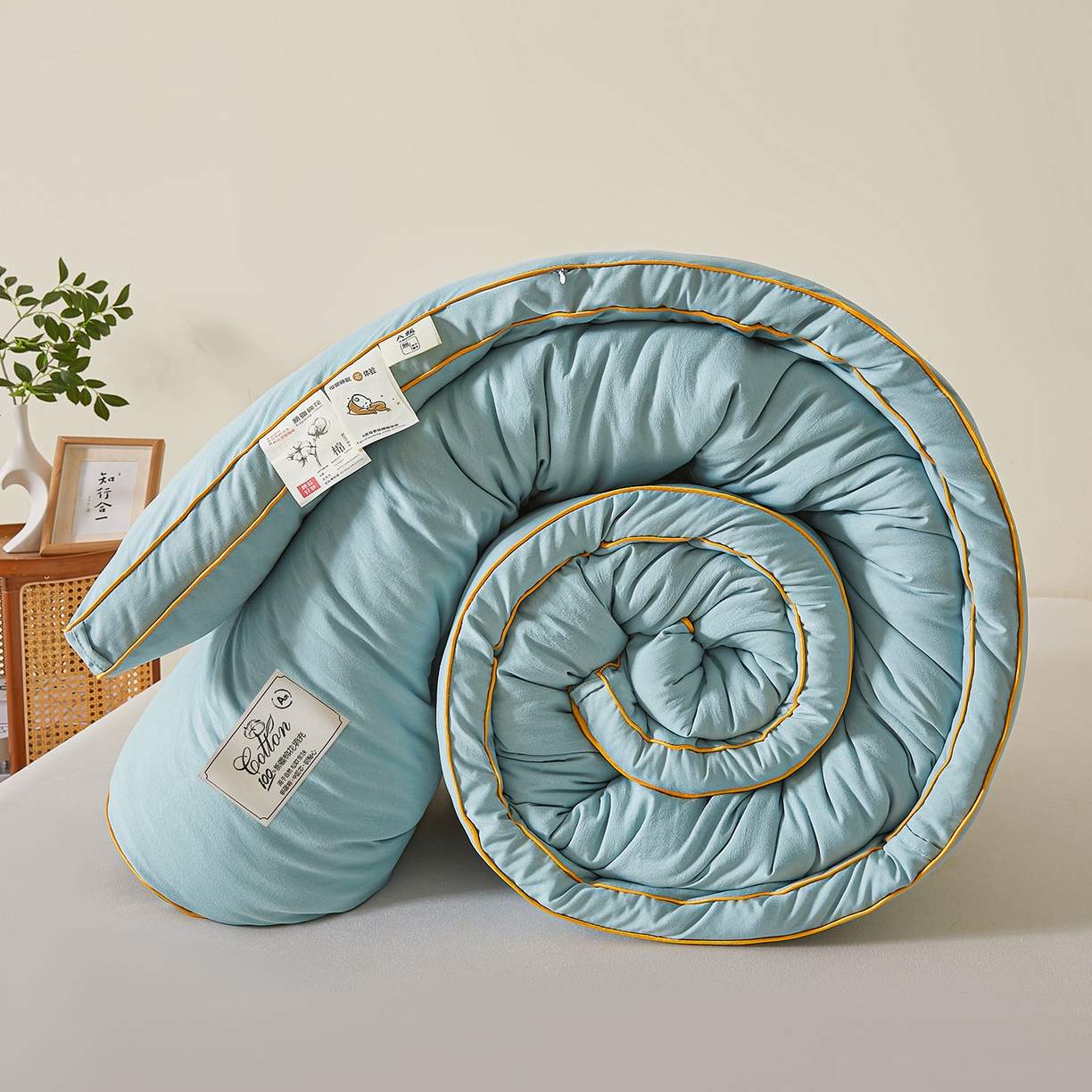 91家纺网 家纺一手货源 找家纺 仁凯家纺 2025新款简约立体滚边100%新疆棉花被冬被春秋被学生被被子被芯 立体-青绿色