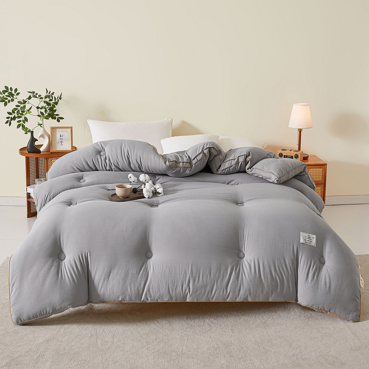 91家纺网 家纺一手货源 找家纺 仁凯家纺 2025新款简约立体滚边100%新疆棉花被冬被春秋被学生被被子被芯 立体-星灰色