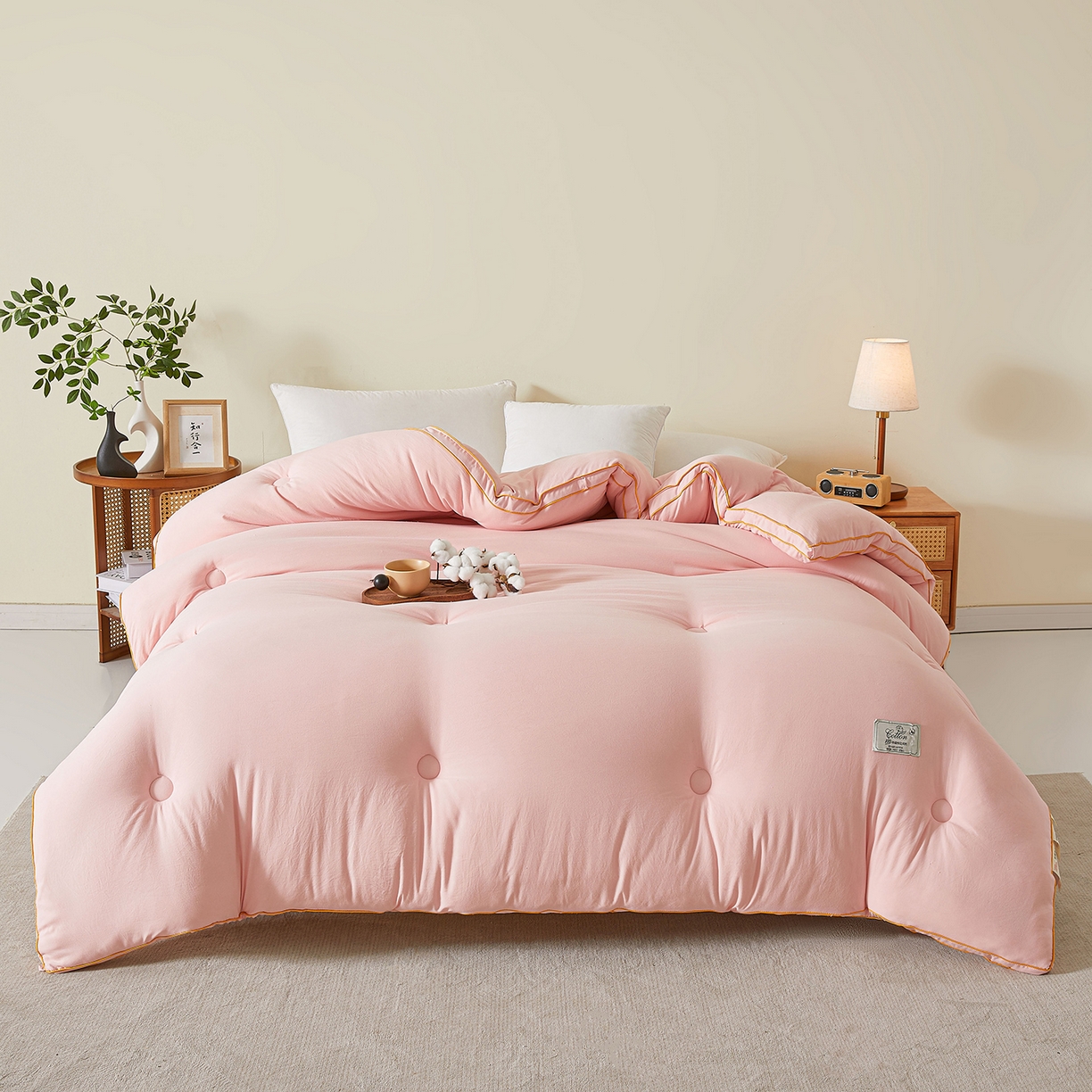 91家纺网 家纺一手货源 找家纺 仁凯家纺 2025新款简约立体滚边100%新疆棉花被冬被春秋被学生被被子被芯 立体-柔粉色