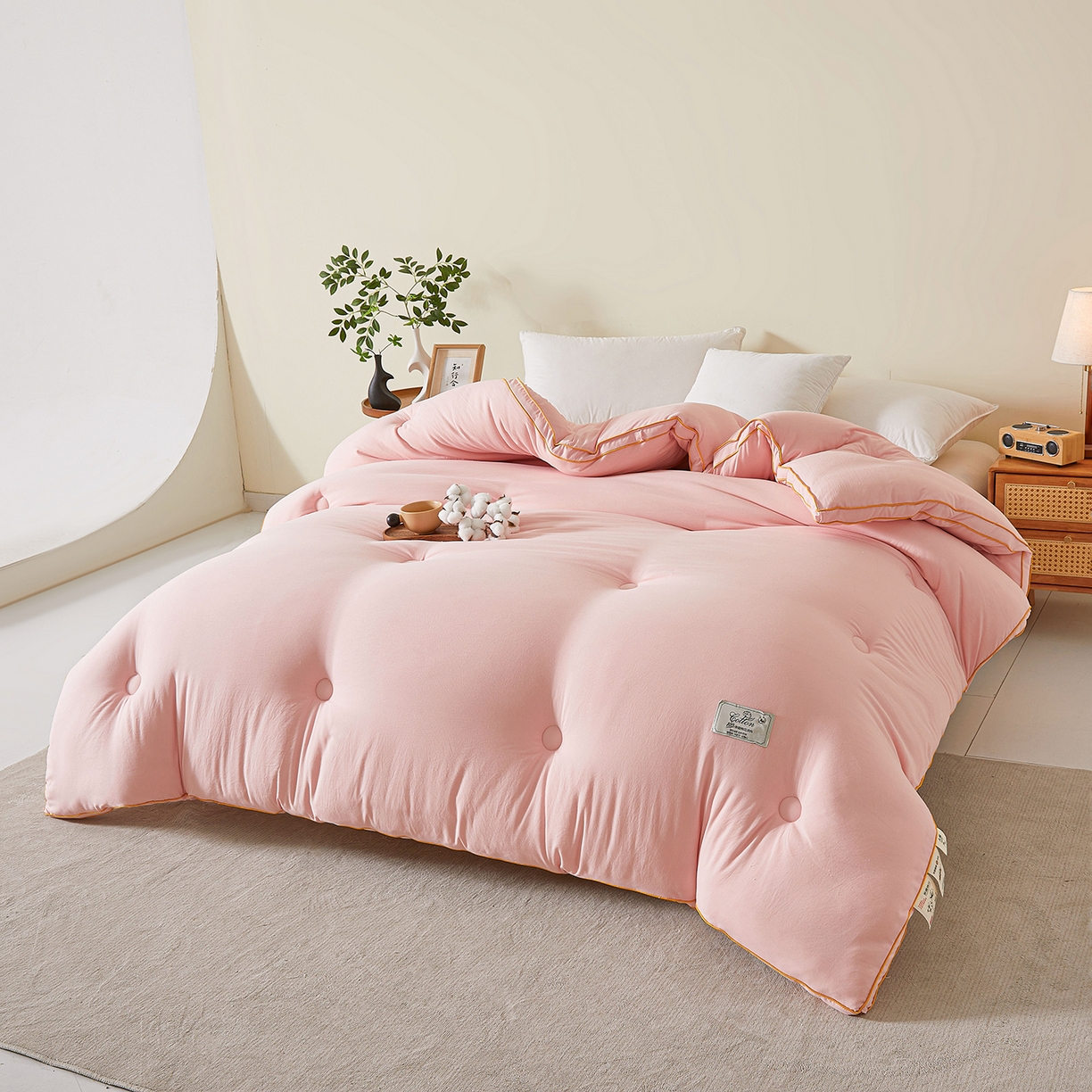 91家纺网 家纺一手货源 找家纺 仁凯家纺 2025新款简约立体滚边100%新疆棉花被冬被春秋被学生被被子被芯 立体-柔粉色
