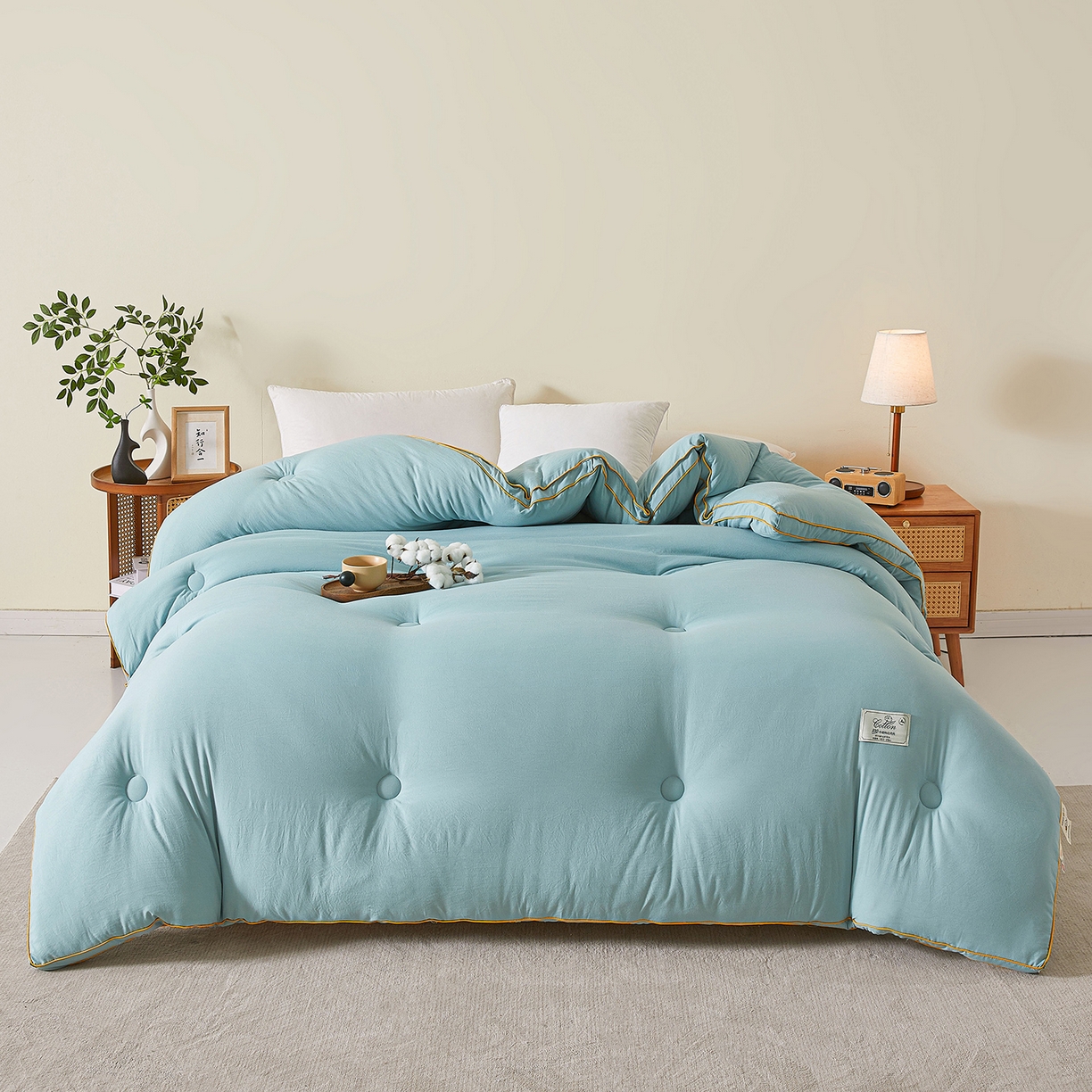 91家纺网 家纺一手货源 找家纺 仁凯家纺 2025新款简约立体滚边100%新疆棉花被冬被春秋被学生被被子被芯 立体-青绿色