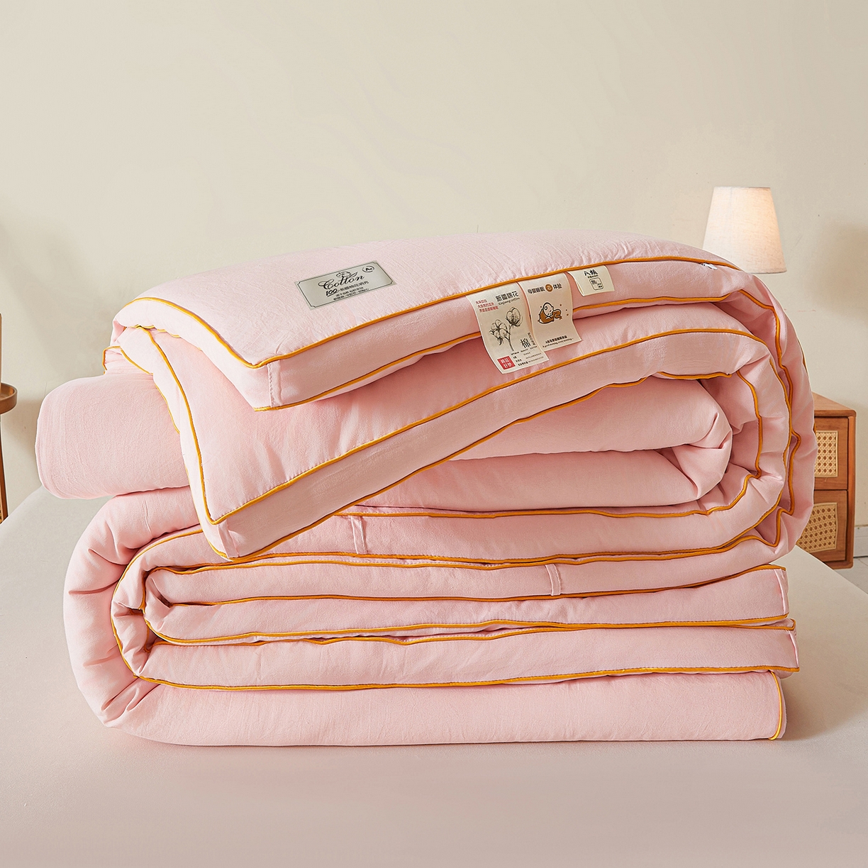 91家纺网 家纺一手货源 找家纺 仁凯家纺 2025新款简约立体滚边100%新疆棉花被冬被春秋被学生被被子被芯 立体-柔粉色