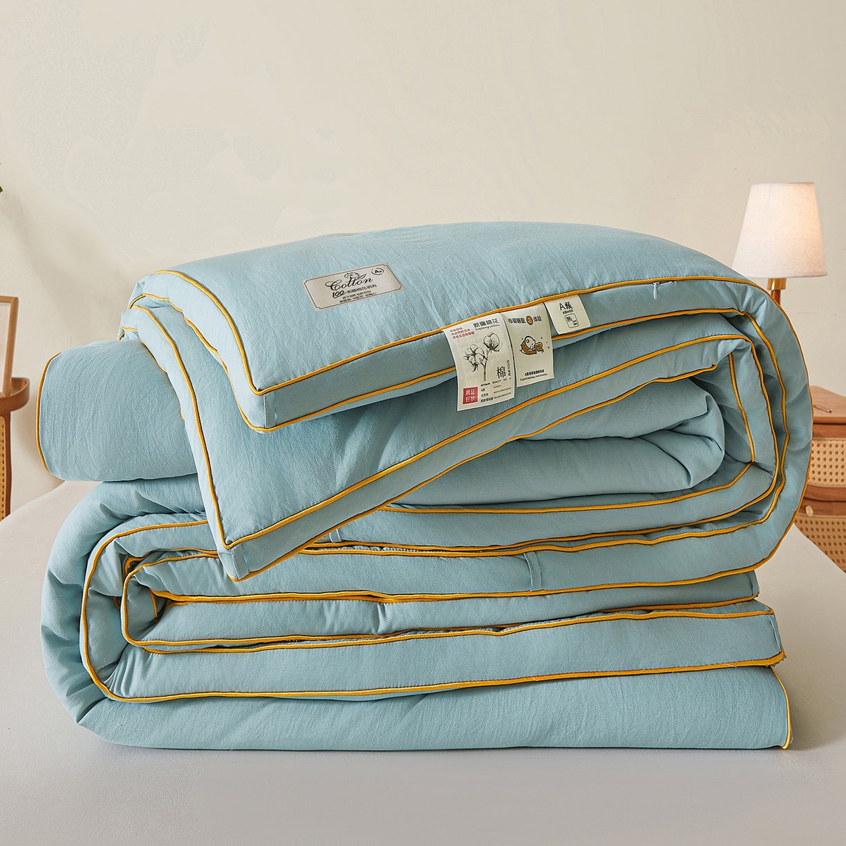 91家纺网 家纺一手货源 找家纺 仁凯家纺 2025新款简约立体滚边100%新疆棉花被冬被春秋被学生被被子被芯 立体-青绿色