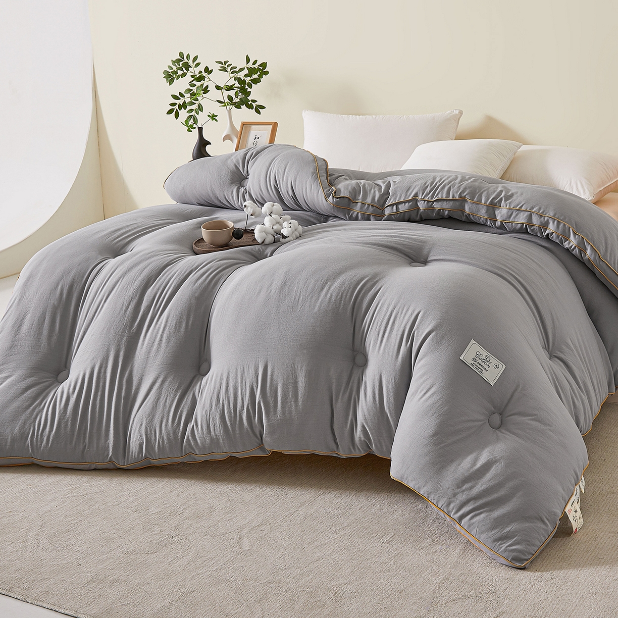 91家纺网 家纺一手货源 找家纺 仁凯家纺 2025新款简约立体滚边100%新疆棉花被冬被春秋被学生被被子被芯 立体-星灰色