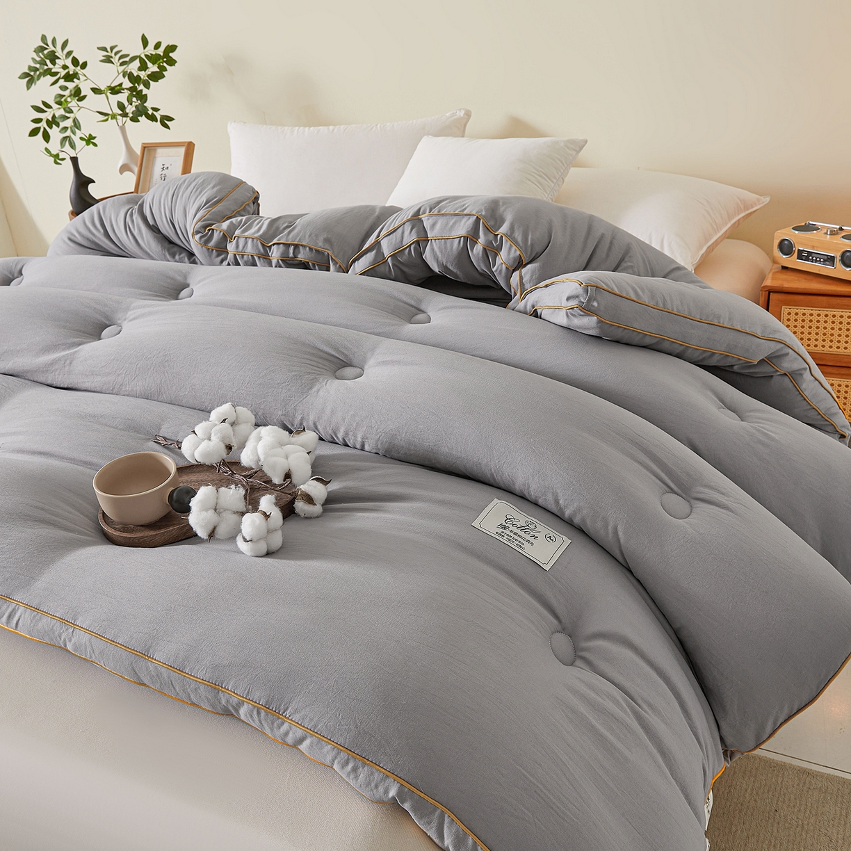 91家纺网 家纺一手货源 找家纺 仁凯家纺 2025新款简约立体滚边100%新疆棉花被冬被春秋被学生被被子被芯 立体-星灰色