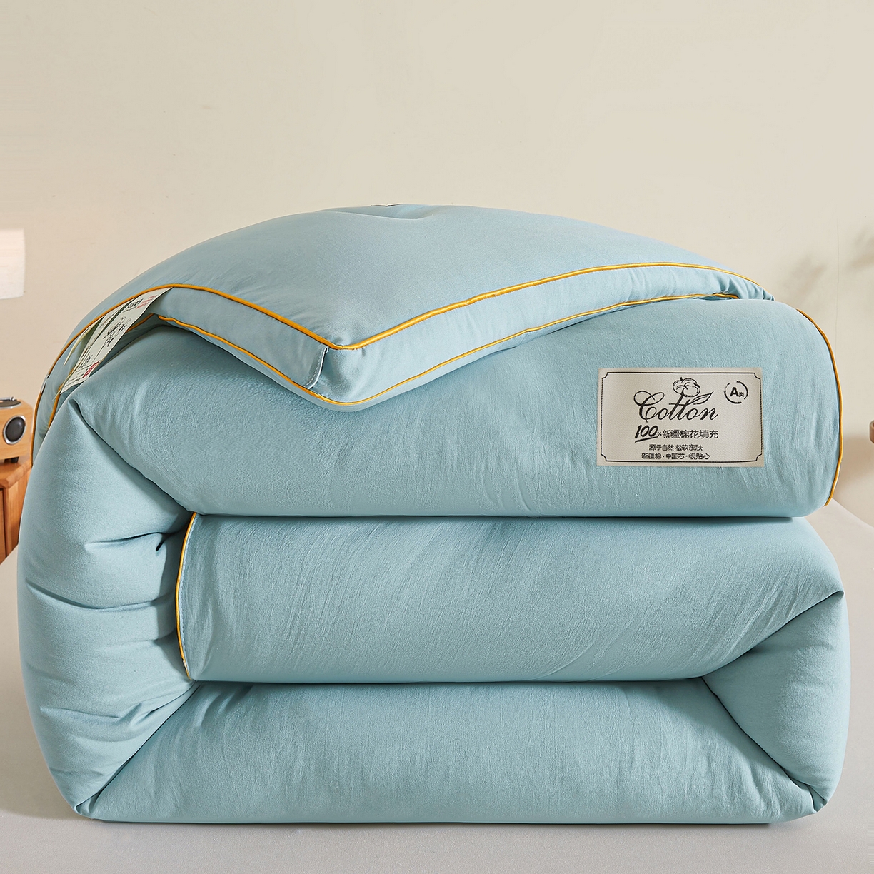91家纺网 家纺一手货源 找家纺 仁凯家纺 2025新款简约立体滚边100%新疆棉花被冬被春秋被学生被被子被芯 立体-青绿色