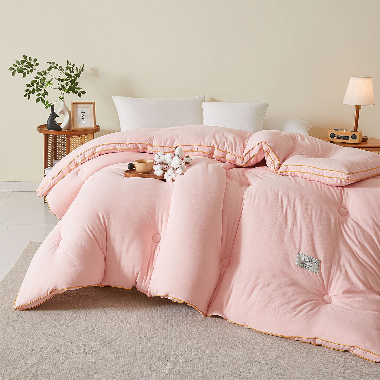 91家纺网 家纺一手货源 找家纺 仁凯家纺 2025新款简约立体滚边100%新疆棉花被冬被春秋被学生被被子被芯 立体-柔粉色