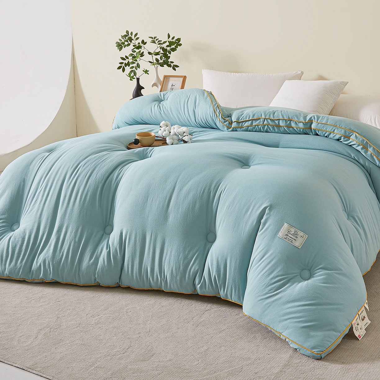 91家纺网 家纺一手货源 找家纺 仁凯家纺 2025新款简约立体滚边100%新疆棉花被冬被春秋被学生被被子被芯 立体-青绿色