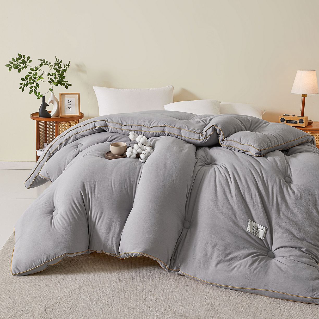 91家纺网 家纺一手货源 找家纺 仁凯家纺 2025新款简约立体滚边100%新疆棉花被冬被春秋被学生被被子被芯 立体-星灰色