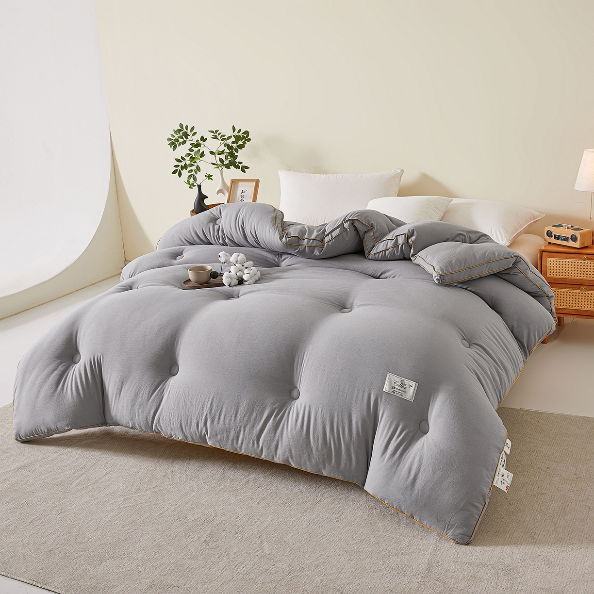 91家纺网 家纺一手货源 找家纺 仁凯家纺 2025新款简约立体滚边100%新疆棉花被冬被春秋被学生被被子被芯 立体-星灰色