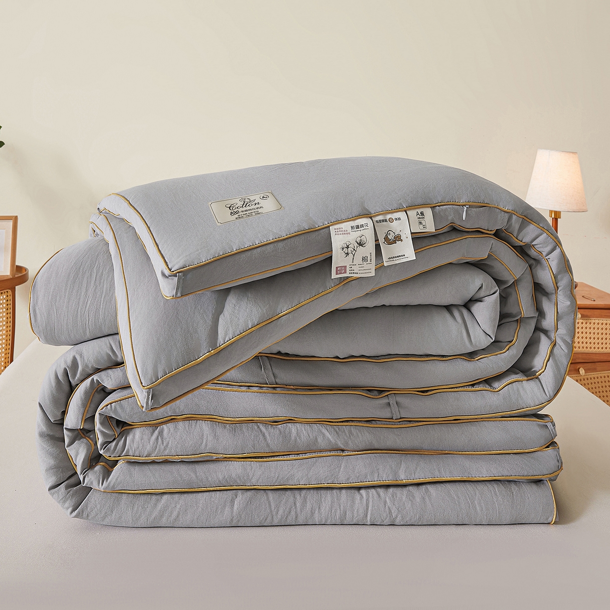 91家纺网 家纺一手货源 找家纺 仁凯家纺 2025新款简约立体滚边100%新疆棉花被冬被春秋被学生被被子被芯 立体-星灰色