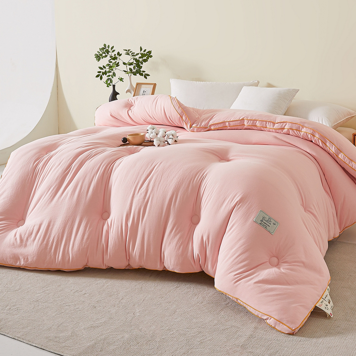 91家纺网 家纺一手货源 找家纺 仁凯家纺 2025新款简约立体滚边100%新疆棉花被冬被春秋被学生被被子被芯 立体-柔粉色