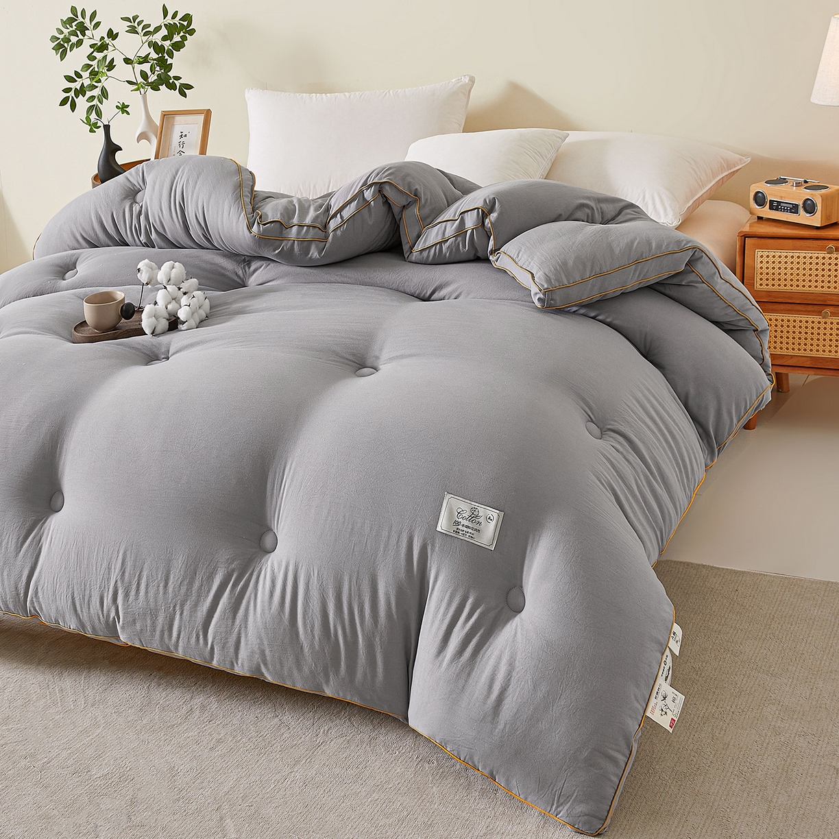 91家纺网 家纺一手货源 找家纺 仁凯家纺 2025新款简约立体滚边100%新疆棉花被冬被春秋被学生被被子被芯 立体-星灰色