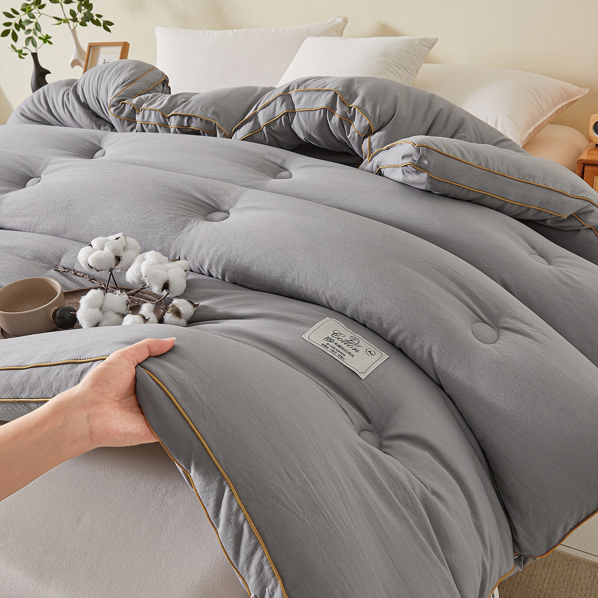 91家纺网 家纺一手货源 找家纺 仁凯家纺 2025新款简约立体滚边100%新疆棉花被冬被春秋被学生被被子被芯 立体-星灰色