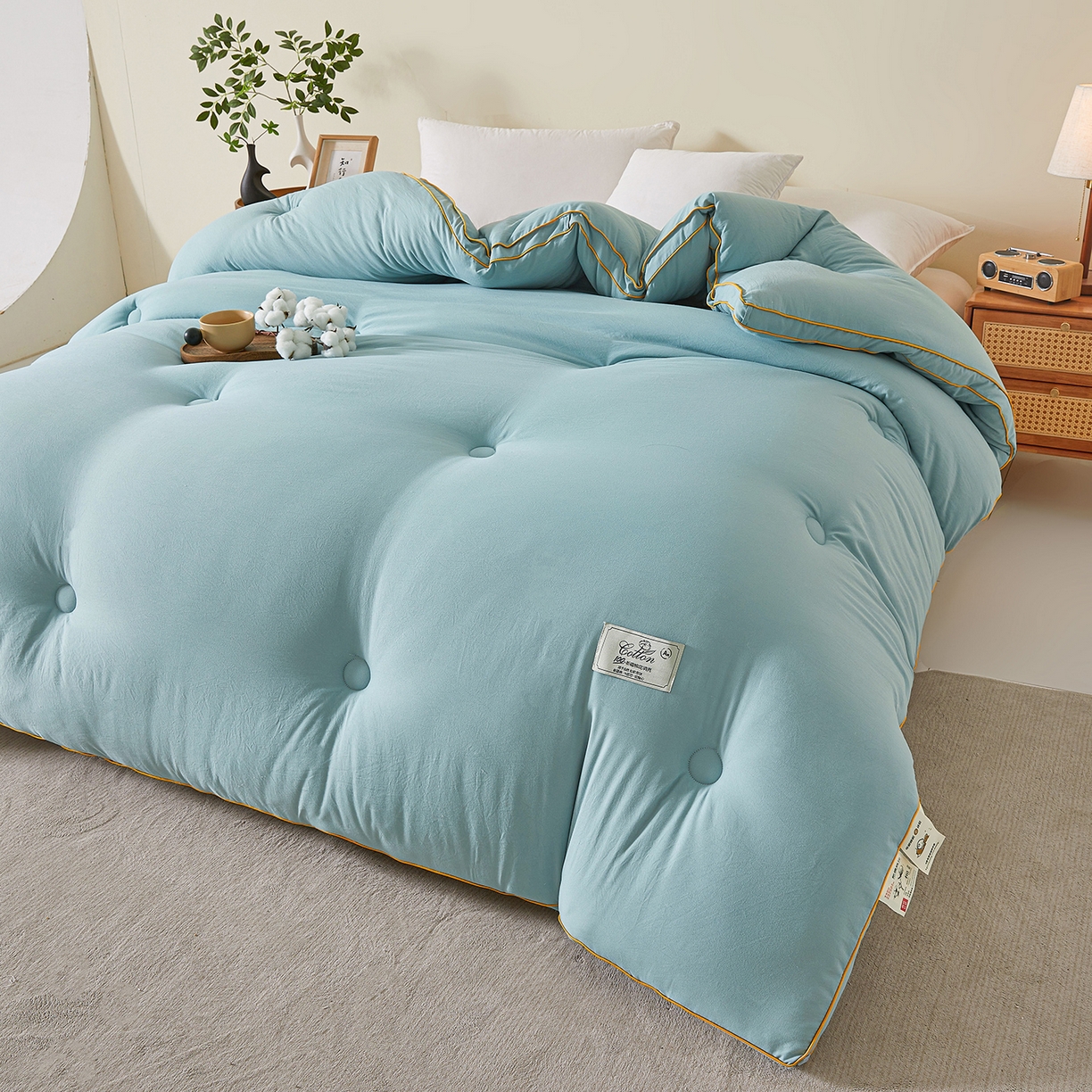 91家纺网 家纺一手货源 找家纺 仁凯家纺 2025新款简约立体滚边100%新疆棉花被冬被春秋被学生被被子被芯 立体-青绿色