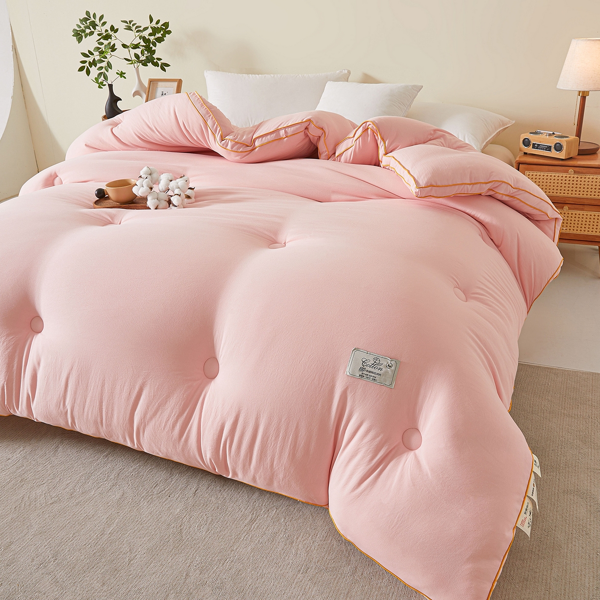 91家纺网 家纺一手货源 找家纺 仁凯家纺 2025新款简约立体滚边100%新疆棉花被冬被春秋被学生被被子被芯 立体-柔粉色