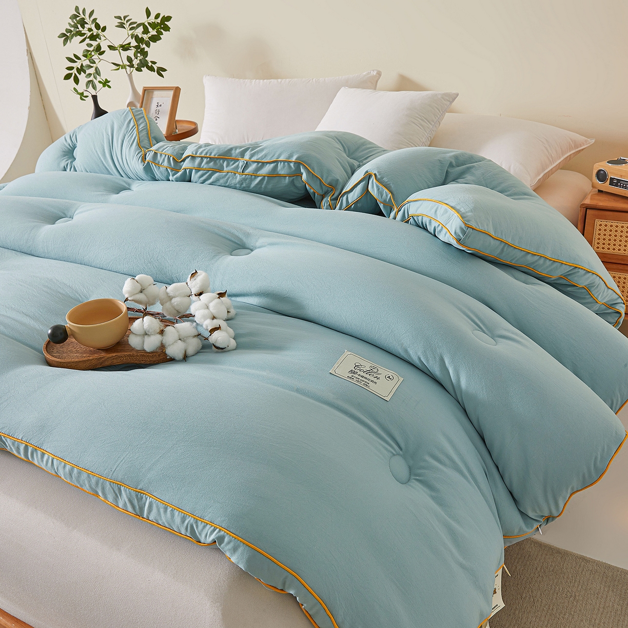91家纺网 家纺一手货源 找家纺 仁凯家纺 2025新款简约立体滚边100%新疆棉花被冬被春秋被学生被被子被芯 立体-青绿色