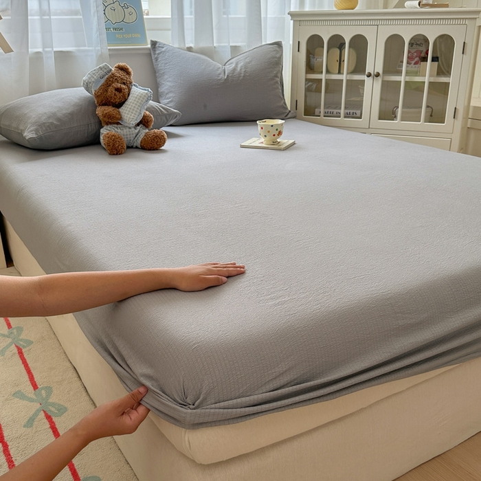 91家纺网 家纺一手货源 找家纺 花伞家居 2025新款A类高克重云感木棉双层纱单床笠（提供买家秀） 松烟灰