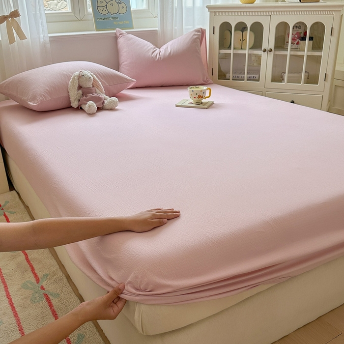 91家纺网 家纺一手货源 找家纺 花伞家居 2025新款A类高克重云感木棉双层纱单床笠（提供买家秀） 粉豆沙