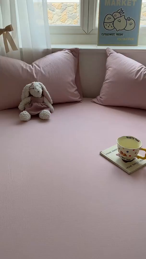 91家纺网 家纺一手货源 找家纺 花伞家居 2025新款A类高克重云感木棉双层纱单床笠（提供买家秀） 粉豆沙