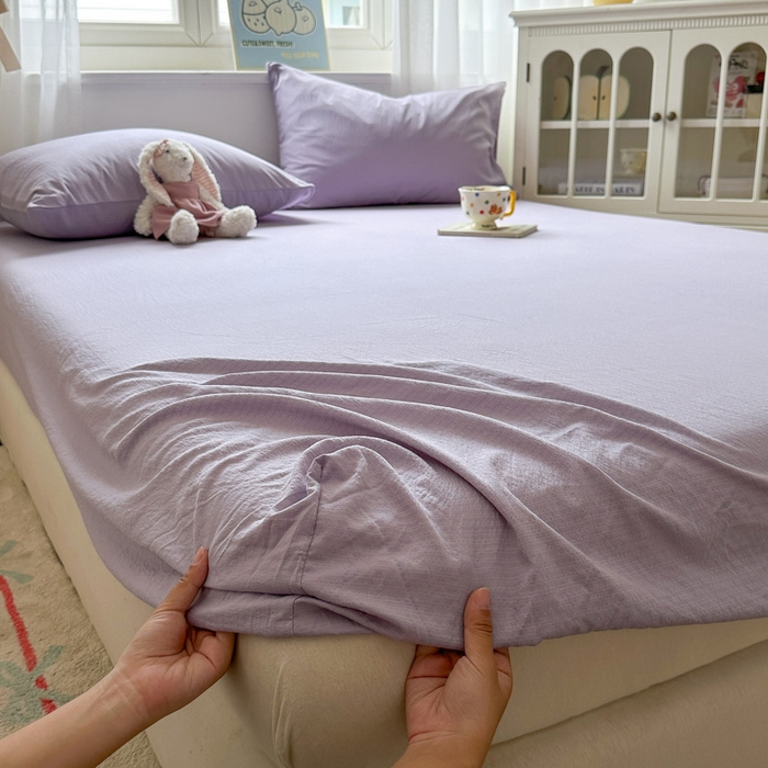 91家纺网 家纺一手货源 找家纺 花伞家居 2025新款A类高克重云感木棉双层纱单床笠（提供买家秀） 风信紫