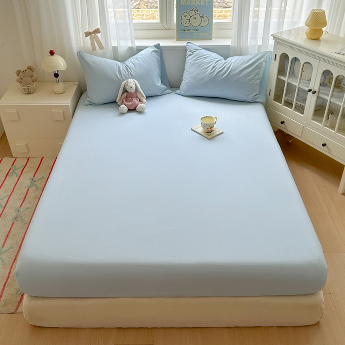 91家纺网 家纺一手货源 找家纺 花伞家居 2025新款A类高克重云感木棉双层纱单床笠（提供买家秀） 涧石蓝