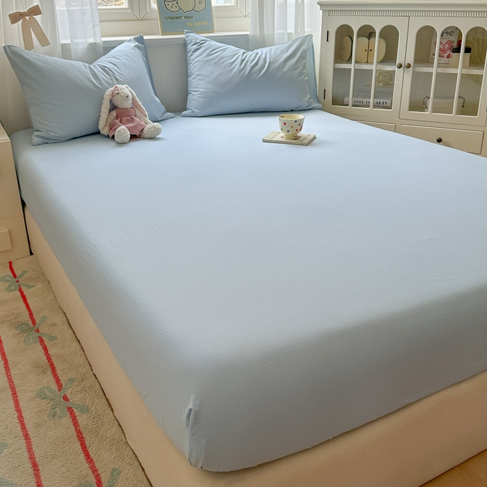 91家纺网 家纺一手货源 找家纺 花伞家居 2025新款A类高克重云感木棉双层纱单床笠（提供买家秀） 涧石蓝