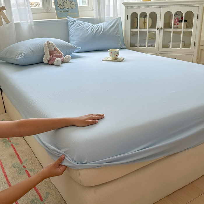 91家纺网 家纺一手货源 找家纺 花伞家居 2025新款A类高克重云感木棉双层纱单床笠（提供买家秀） 涧石蓝