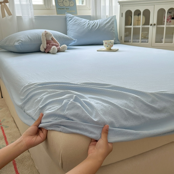 91家纺网 家纺一手货源 找家纺 花伞家居 2025新款A类高克重云感木棉双层纱单床笠（提供买家秀） 涧石蓝