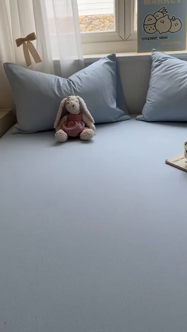 91家纺网 家纺一手货源 找家纺 花伞家居 2025新款A类高克重云感木棉双层纱单床笠（提供买家秀） 涧石蓝