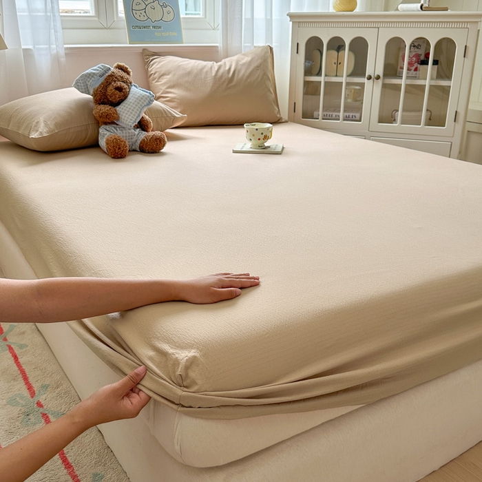 91家纺网 家纺一手货源 找家纺 花伞家居 2025新款A类高克重云感木棉双层纱单床笠（提供买家秀） 卡其